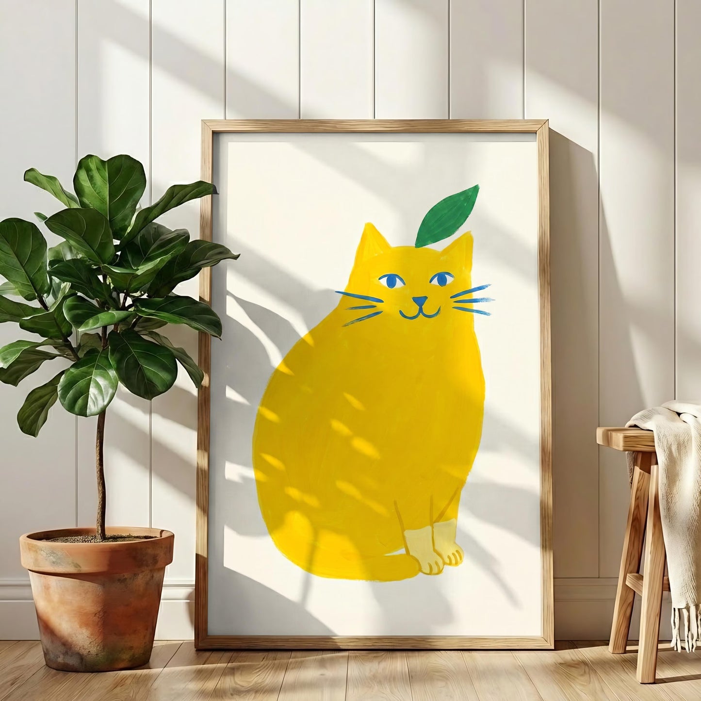 Yellow Lemon Cat Canvas Art, Quirky Fruit Wall Decor
