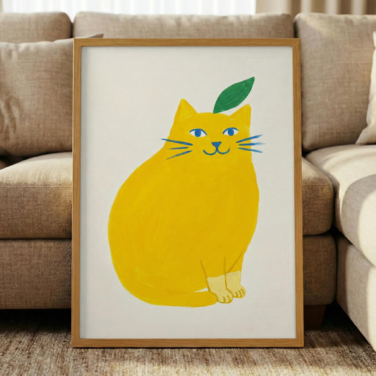 Yellow Lemon Cat Canvas Art, Quirky Fruit Wall Decor