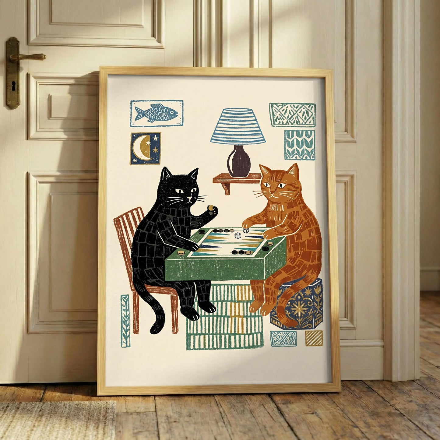 Cats Playing Backgammon Canvas Art, Whimsical Folk Cat Wall Decor for Game Room