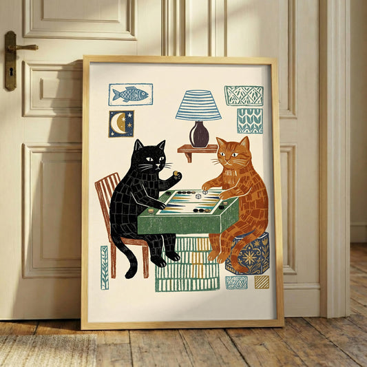 Cats Playing Backgammon Canvas Art, Whimsical Folk Cat Wall Decor for Game Room