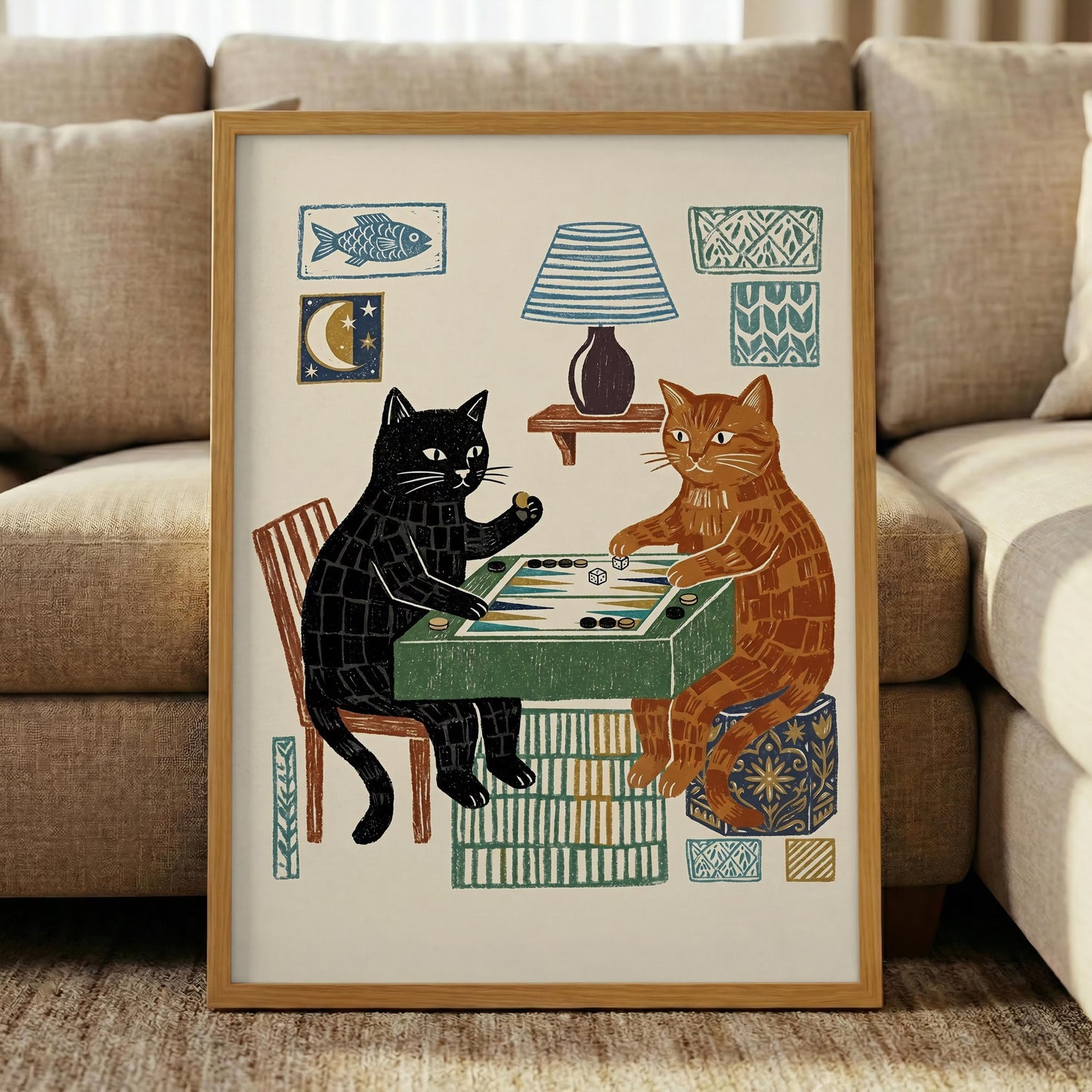 Cats Playing Backgammon Canvas Art, Whimsical Folk Cat Wall Decor for Game Room