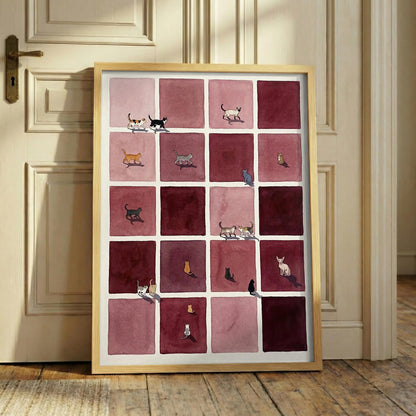 Mid-Century Burgundy Cat Grid Canvas, Retro Minimal Feline Wall Art