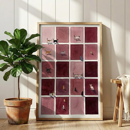 Mid-Century Burgundy Cat Grid Canvas, Retro Minimal Feline Wall Art