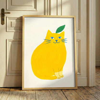 Yellow Lemon Cat Canvas Art, Quirky Fruit Wall Decor