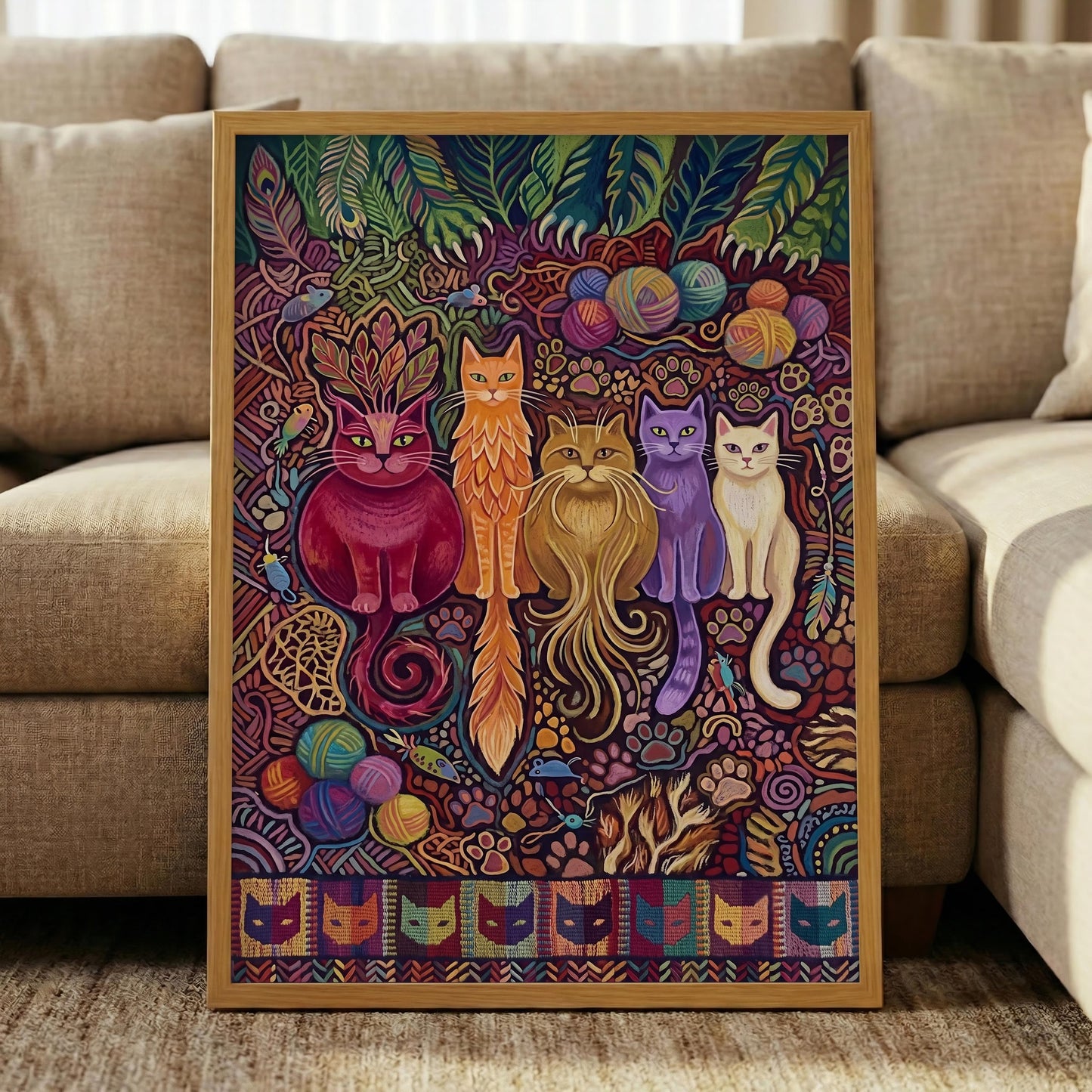 Colorful Folk Art Cat Canvas – Whimsical Feline Wall Art
