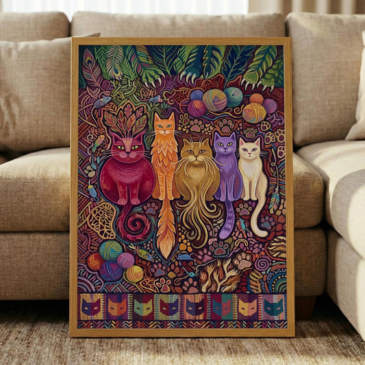 Colorful Folk Art Cat Canvas – Whimsical Feline Wall Art