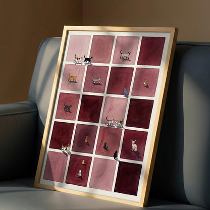 Mid-Century Burgundy Cat Grid Canvas, Retro Minimal Feline Wall Art