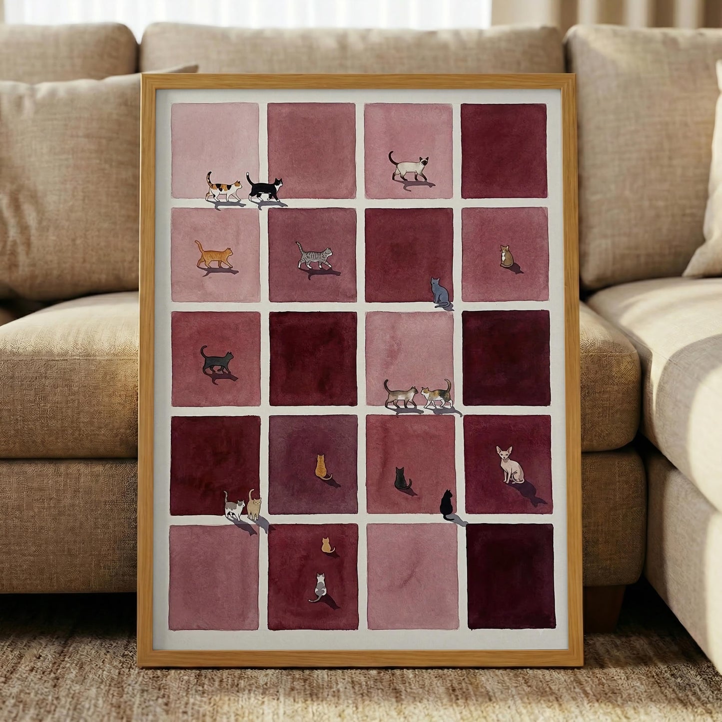 Mid-Century Burgundy Cat Grid Canvas, Retro Minimal Feline Wall Art