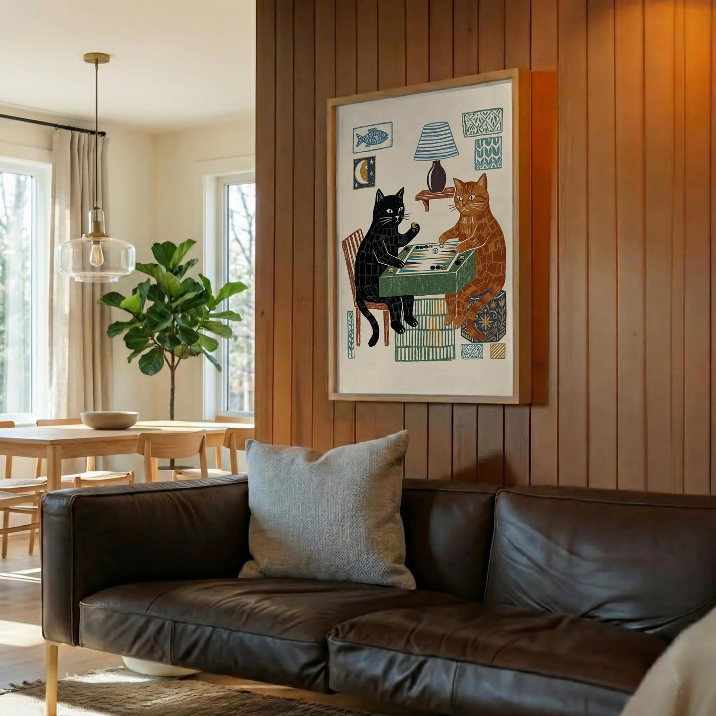 Cats Playing Backgammon Canvas Art, Whimsical Folk Cat Wall Decor for Game Room