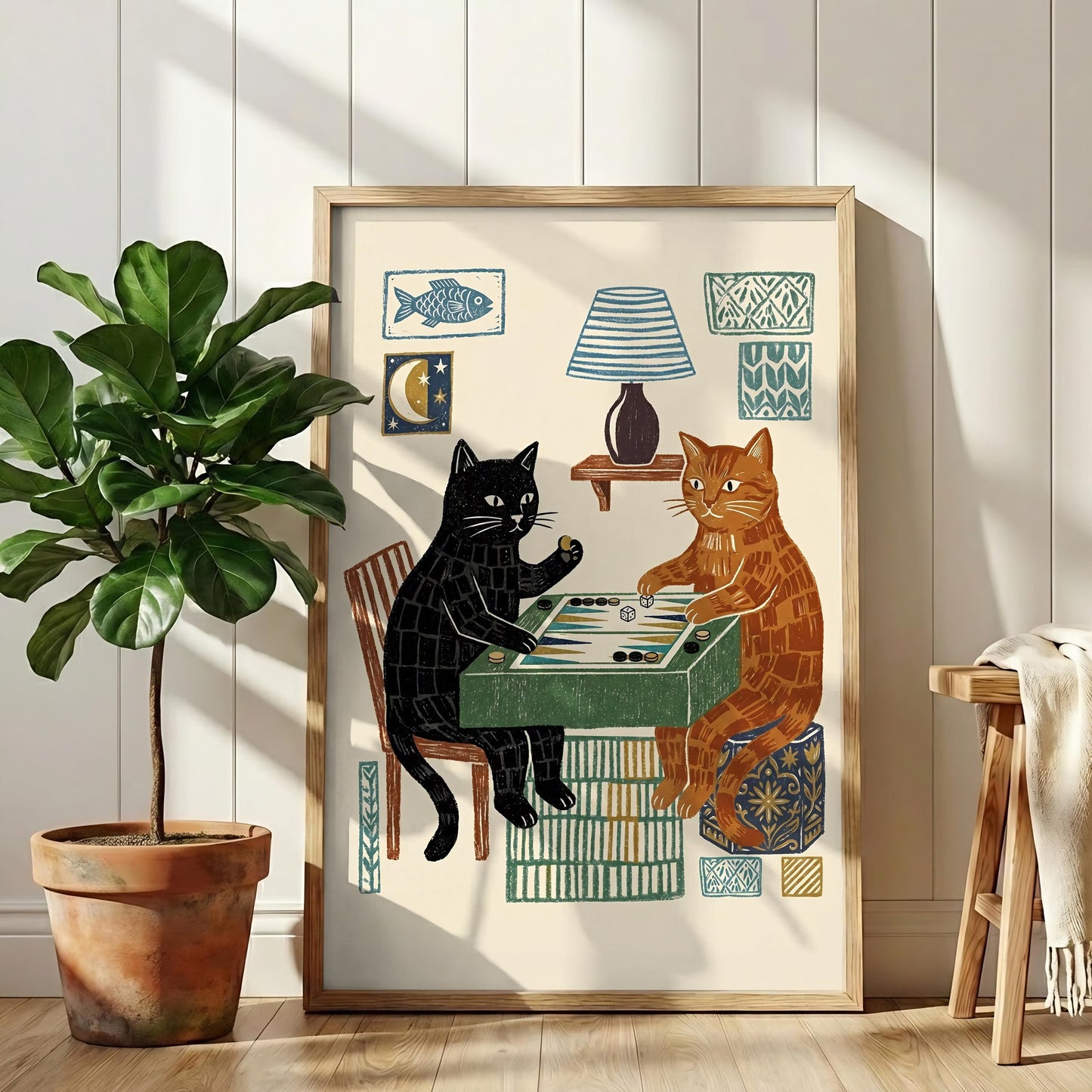 Cats Playing Backgammon Canvas Art, Whimsical Folk Cat Wall Decor for Game Room