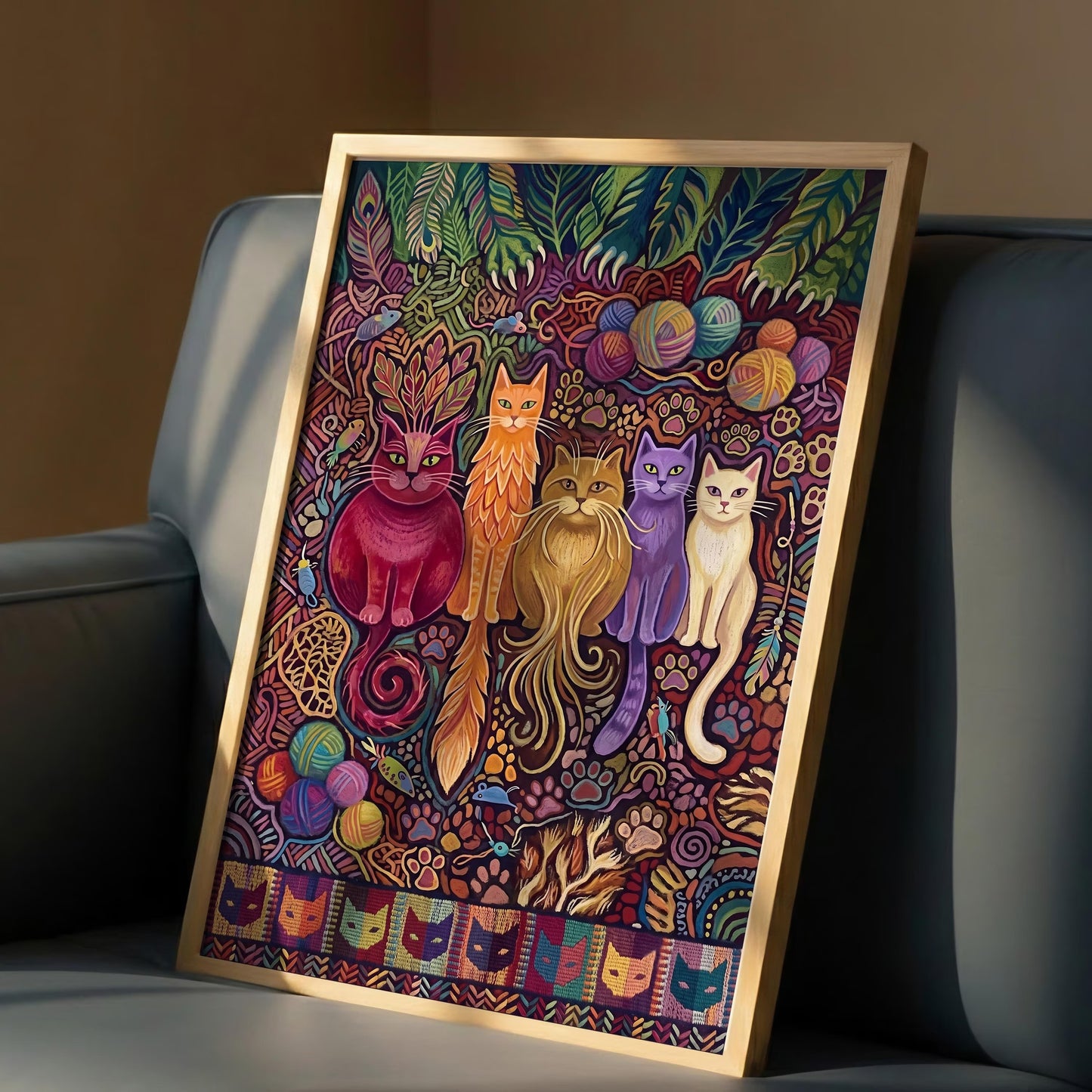 Colorful Folk Art Cat Canvas – Whimsical Feline Wall Art