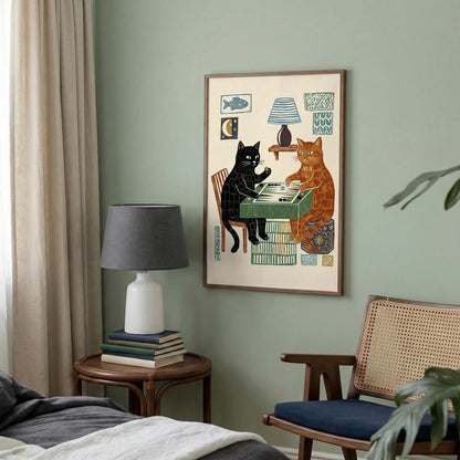 Cats Playing Backgammon Canvas Art, Whimsical Folk Cat Wall Decor for Game Room