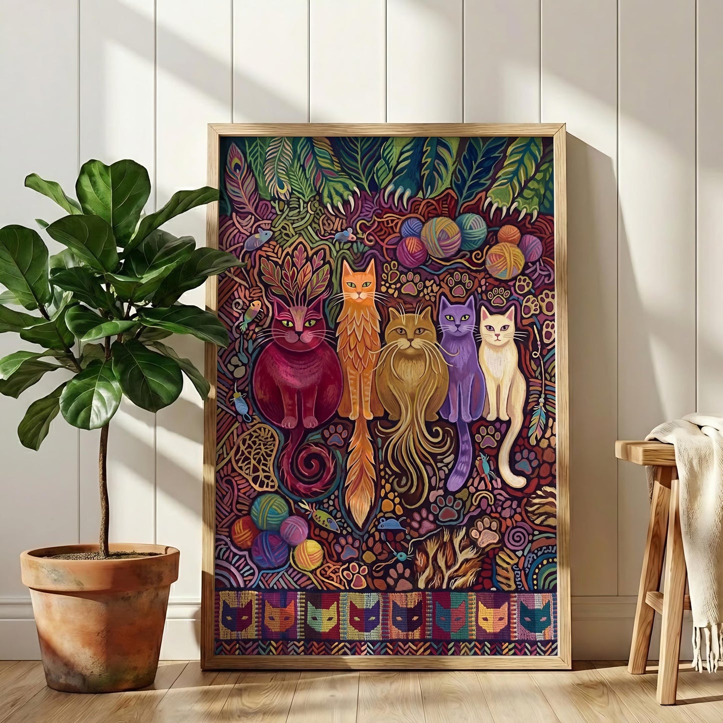 Colorful Folk Art Cat Canvas – Whimsical Feline Wall Art