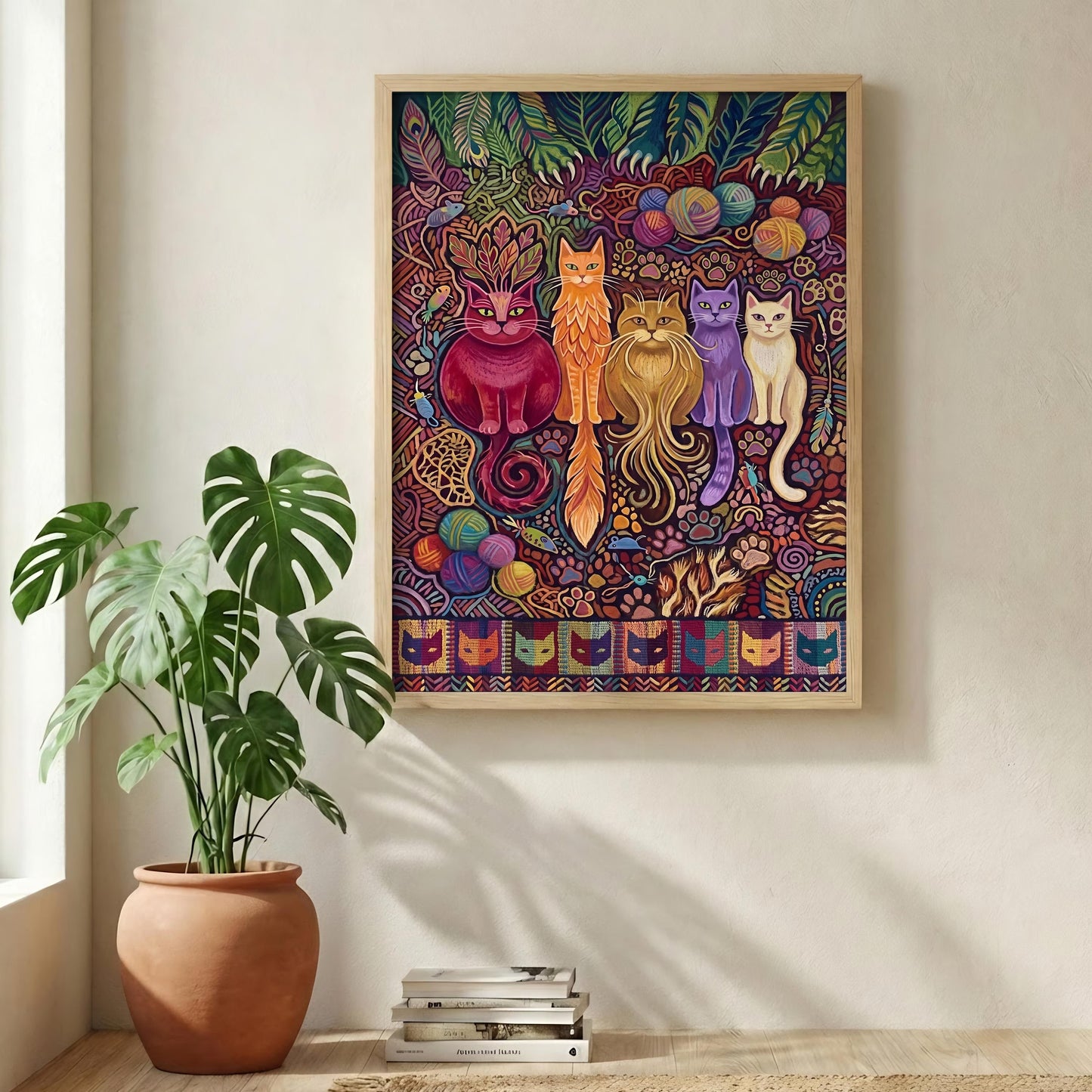 Colorful Folk Art Cat Canvas – Whimsical Feline Wall Art
